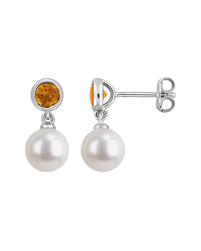 Rina Limor Silver 0.58 Ct. Tw. Citrine & 7-7.5mm Pearl Stud Earrings In Metallic