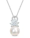 Rina Limor Silver 0.67 Ct. Tw. Diamond & Aquamarine 11-12mm Pearl Flower Pendant