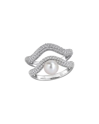 Rina Limor Silver 0.78 Ct. Tw. White Topaz & 6.0-6.5mm Pearl Curved Ring Set Ring In Metallic