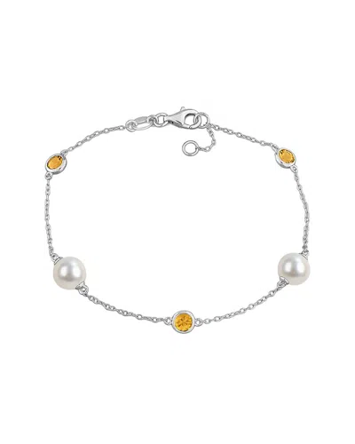 Rina Limor Silver 0.87 Ct. Tw. Citrine & 7-7.5mm Pearl Charm Bracelet In Metallic