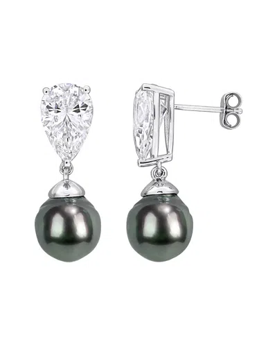 Rina Limor Silver 10.78 Ct. Tw. Created White Sapphire & 10-10.5 Mm Pearl Drop Earrings In Metallic