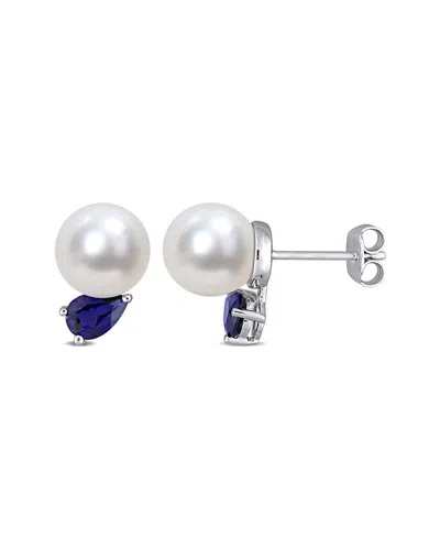 Rina Limor Silver 1.34 Ct. Tw. Sapphire 8-9mm Pearl Studs