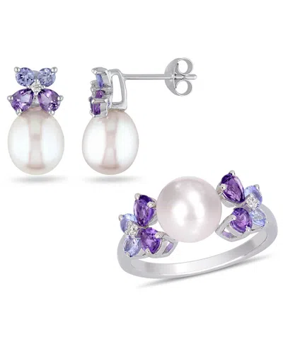Rina Limor Silver 1.98 Ct. Tw. Diamond & Gemstone 8-8.5mm Pearl 2-piece Set