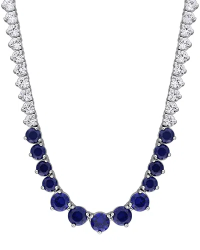 Rina Limor Silver 22.25 Ct. Tw. Lab-grown Blue And White Sapphire Graduated Tennis Necklace In Metallic