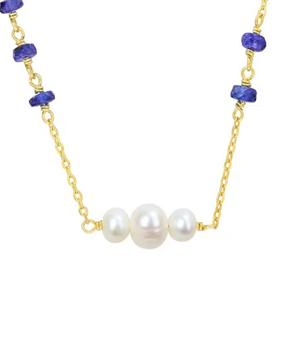 Rina Limor Silver 2.50 Ct. Tw. Blue Sapphire & 4-6.5 Mm Pearl Bead Necklace In Gold