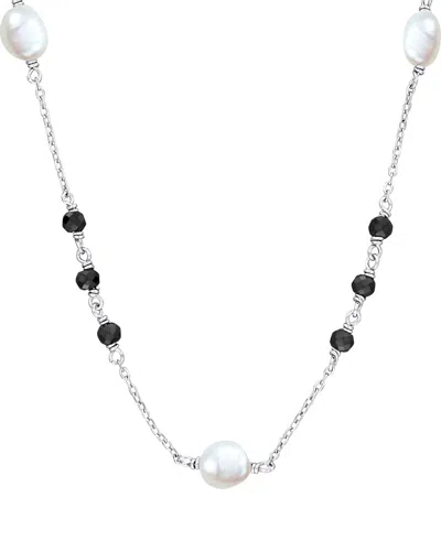 Rina Limor Silver 3.75 Ct. Tw. Black Moissanite & 4.5-7 Mm Pearl Curb Link  Necklace In Multi