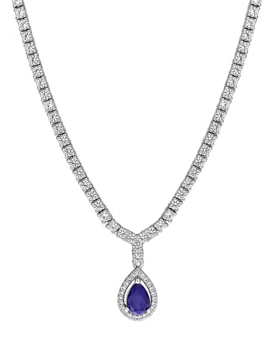 Rina Limor Silver 4.09 Ct. Tw. Lab-grown Blue And White Sapphire Tennis Drop Necklace In Metallic