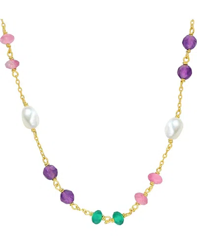 Rina Limor Silver 4.65 Ct. Tw. Amethyst, Green Onyx And Pink Tourmaline &  4-5.5 Mm Pearl Bead Stati In Multi