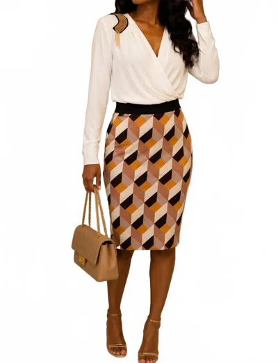 Rinascimento Geometric Print Pencil Skirt In Camel Multi In Brown