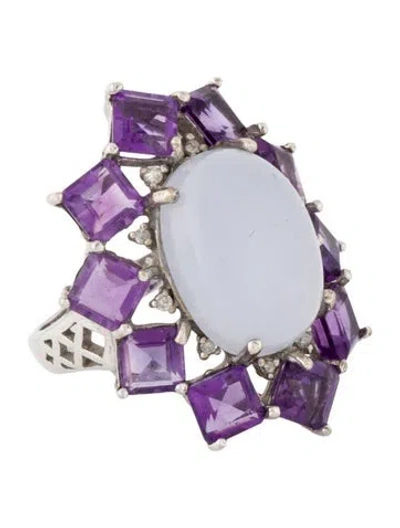 Pre-owned Ring 10k 8.97ct Chalcedony, Amethyst, & Diamond Cocktail  In Multi