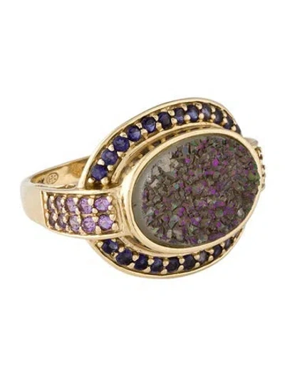 Pre-owned Ring 10k Coated Druzy, Amethyst & Iolite Cocktail  In Multicolor