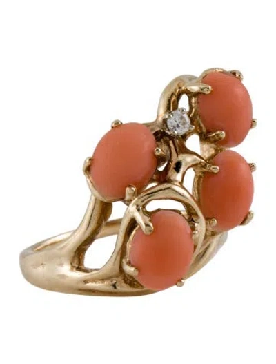 Pre-owned Ring 10k Coral & Diamond Cocktail In Pink