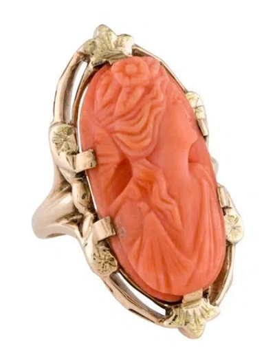 Pre-owned Ring 10k Coral Cameo Cocktail  In Orange