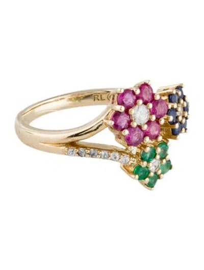 Pre-owned Ring 10k Emerald, Sapphire, Ruby & Diamond Flower Cocktail  In Multi