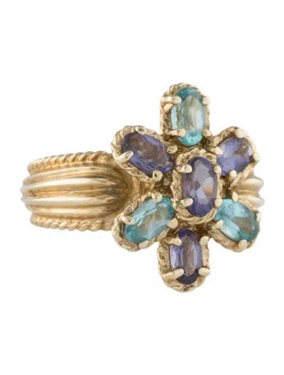 Pre-owned Ring 10k Iolite & Apatite Flower Cocktail  In Multi