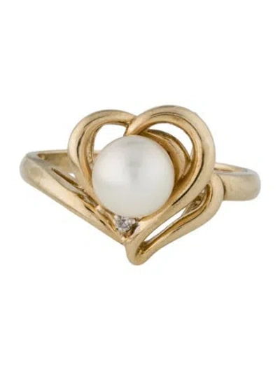 Pre-owned Ring 10k Pearl & Diamond Heart Cocktail  In Multi
