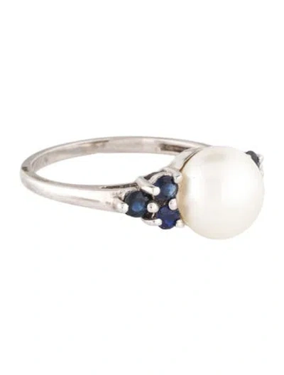 Pre-owned Ring 10k Pearl & Sapphire Cocktail  In Multi