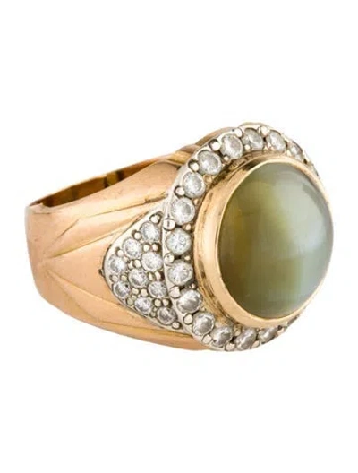 Pre-owned Ring 13.00ct Cat's Eye Chrysoberyl & Diamond Cocktail  In Multi