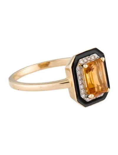Pre-owned Ring 14k 1.00ct Citrine, Diamond & Enamel Cocktail  In Black