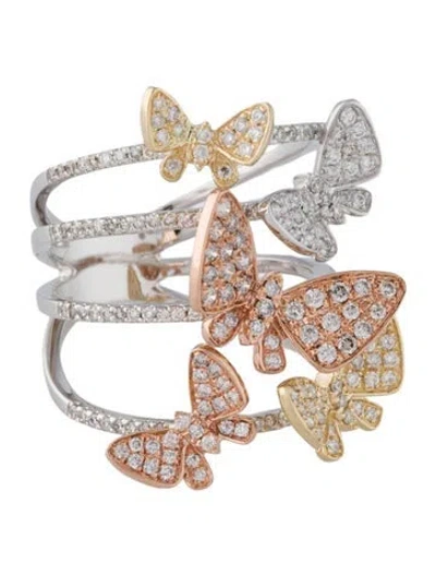 Pre-owned Ring 14k 1.05ctw Diamond Tricolor Butterfly Four Line Cocktail  In Multi
