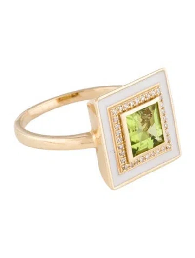Pre-owned Ring 14k 1.27ct Peridot, Diamond & Enamel Cocktail  In White