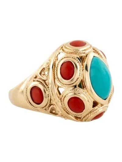 Pre-owned Ring 14k 3.58ct Turquoise & Coral Bezel Set  In Multicolor