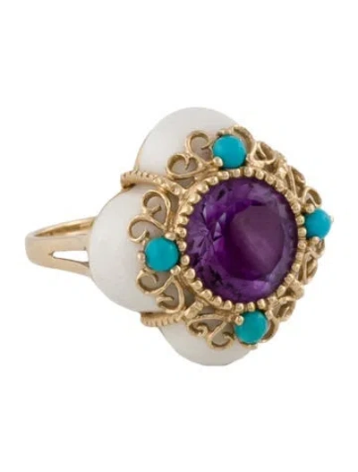 Pre-owned Ring 14k Amethyst, Chalcedony, & Turquoise Cocktail  In White