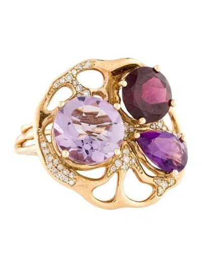 Pre-owned Ring 14k Amethyst, Rhodolite & Diamond Cocktail  In Multi