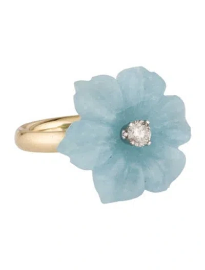 Pre-owned Ring 14k Aquamarine & Diamond Flower Cocktail  In Multi
