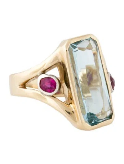 Pre-owned Ring 14k Aquamarine & Ruby Cocktail  In Multi