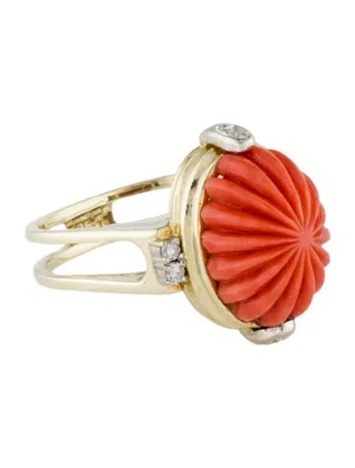 Pre-owned Ring 14k Carved Coral & Diamond Cocktail  In Multi