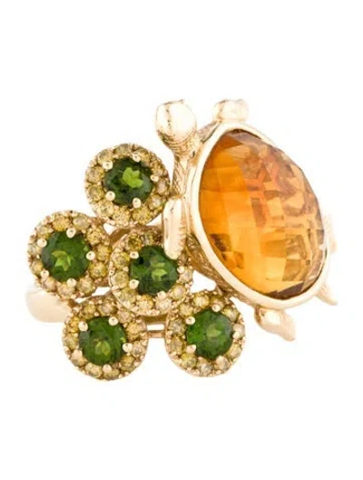 Pre-owned Ring 14k Citrine, Diopside & Diamond Turtle Cocktail  In Multi