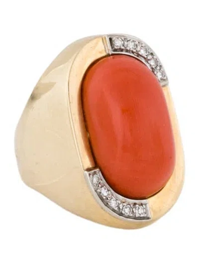 Pre-owned Ring 14k Coral & Diamond Cocktail  In Multi