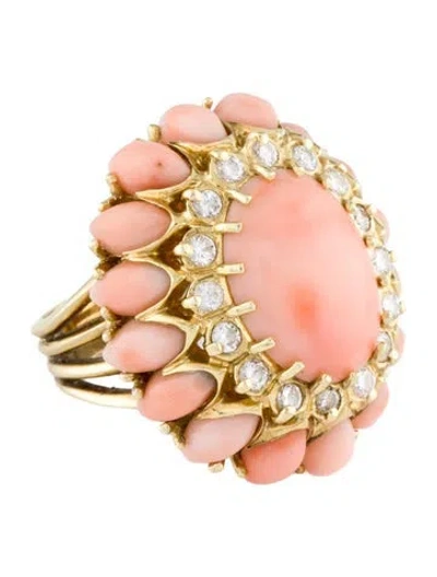 Pre-owned Ring 14k Coral & Diamond Cocktail  In Multi