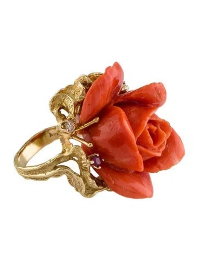 Pre-owned Ring 14k Coral, Ruby & Diamond Cocktail  In Multi