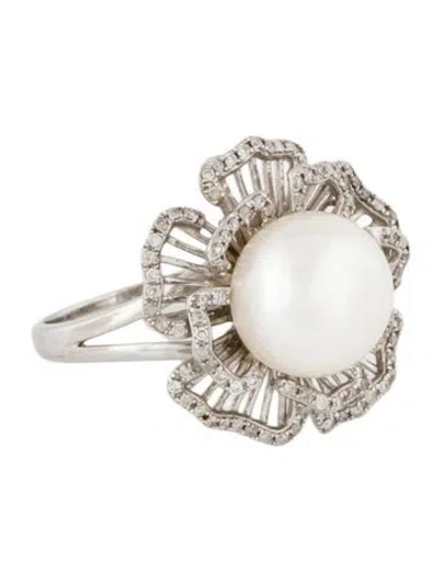 Pre-owned Ring 14k Cultured Pearl & Diamond Flower Cocktail  In Multi