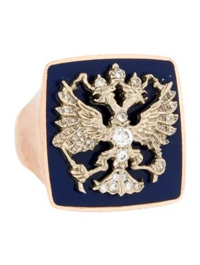 Pre-owned Ring 14k Diamond & Enamel Coat Of Arms Cocktail  In Blue