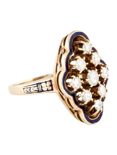 Pre-owned Ring 14k Diamond & Enamel Cocktail  In Blue