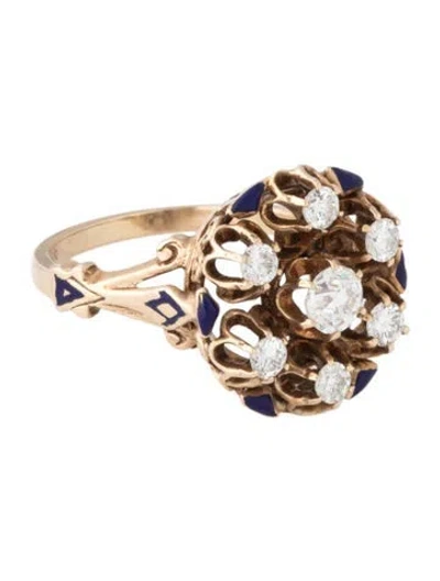 Pre-owned Ring 14k Diamond & Enamel Cocktail  In Blue