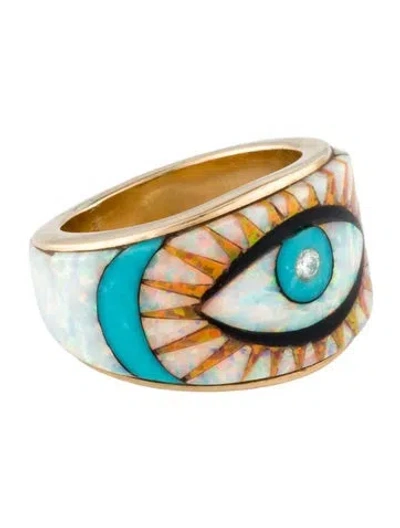 Pre-owned Ring 14k Diamond, Synthetic Opal, Onyx, & Turquoise Eye Midi Band  In Multi