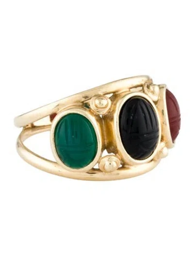 Pre-owned Ring 14k Dyed Chalcedony, Onyx & Carnelian Scarab Cocktail  In Multi