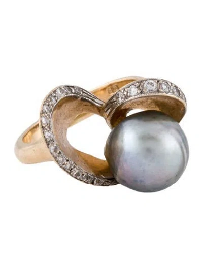 Pre-owned Ring 14k Dyed Cultured Pearl & Diamond Sculptural Heart Cocktail  In Multi