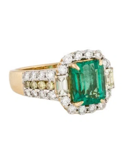 Pre-owned Ring 14k Emerald & Diamond Halo Engagement  In Multi