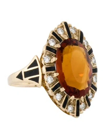 Pre-owned Ring 14k Enamel, 5.10ct Citrine & Diamond Cocktail  In Black