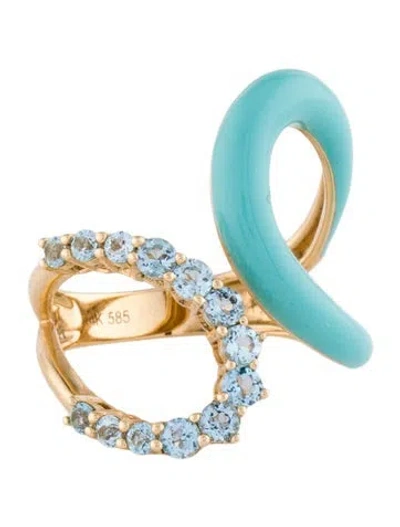 Pre-owned Ring 14k Enamel & Topaz Cocktail  In Blue