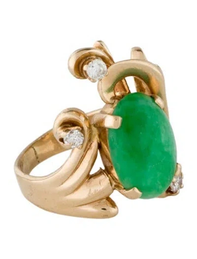 Pre-owned Ring 14k Jadeite & Diamond Cocktail  In Multi