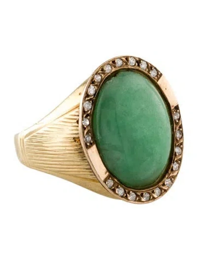 Pre-owned Ring 14k Jadeite & Diamond Cocktail  In Multi