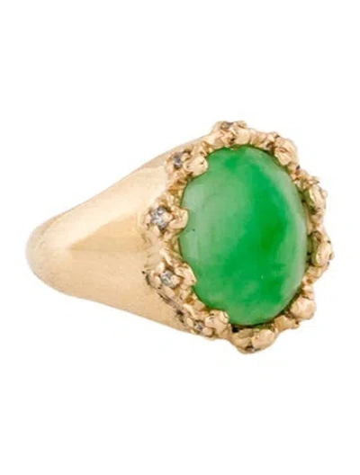 Pre-owned Ring 14k Jadeite & Diamond Cocktail  In Multi