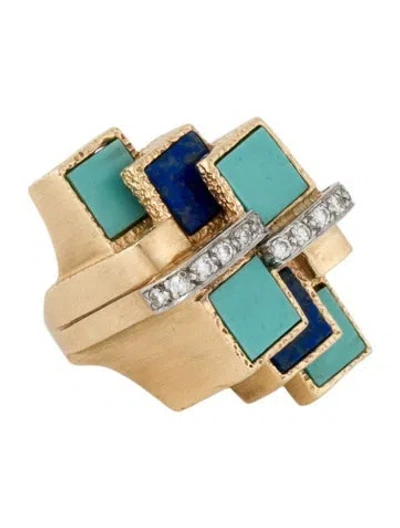 Pre-owned Ring 14k Lapis Lazuli, Composite Turquoise & Diamond Cocktail  In Multi