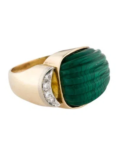 Pre-owned Ring 14k Malachite & Diamond Cocktail  In Multi